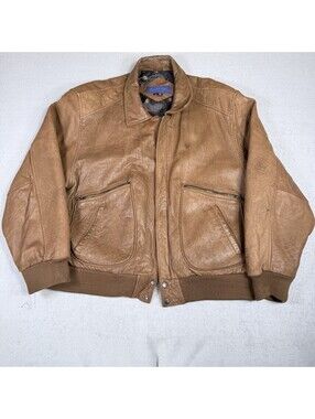 VTG GANT Men’s Brown Bomber 100% Leather Jacket THERMOLITE Plaid Lining Sz 44